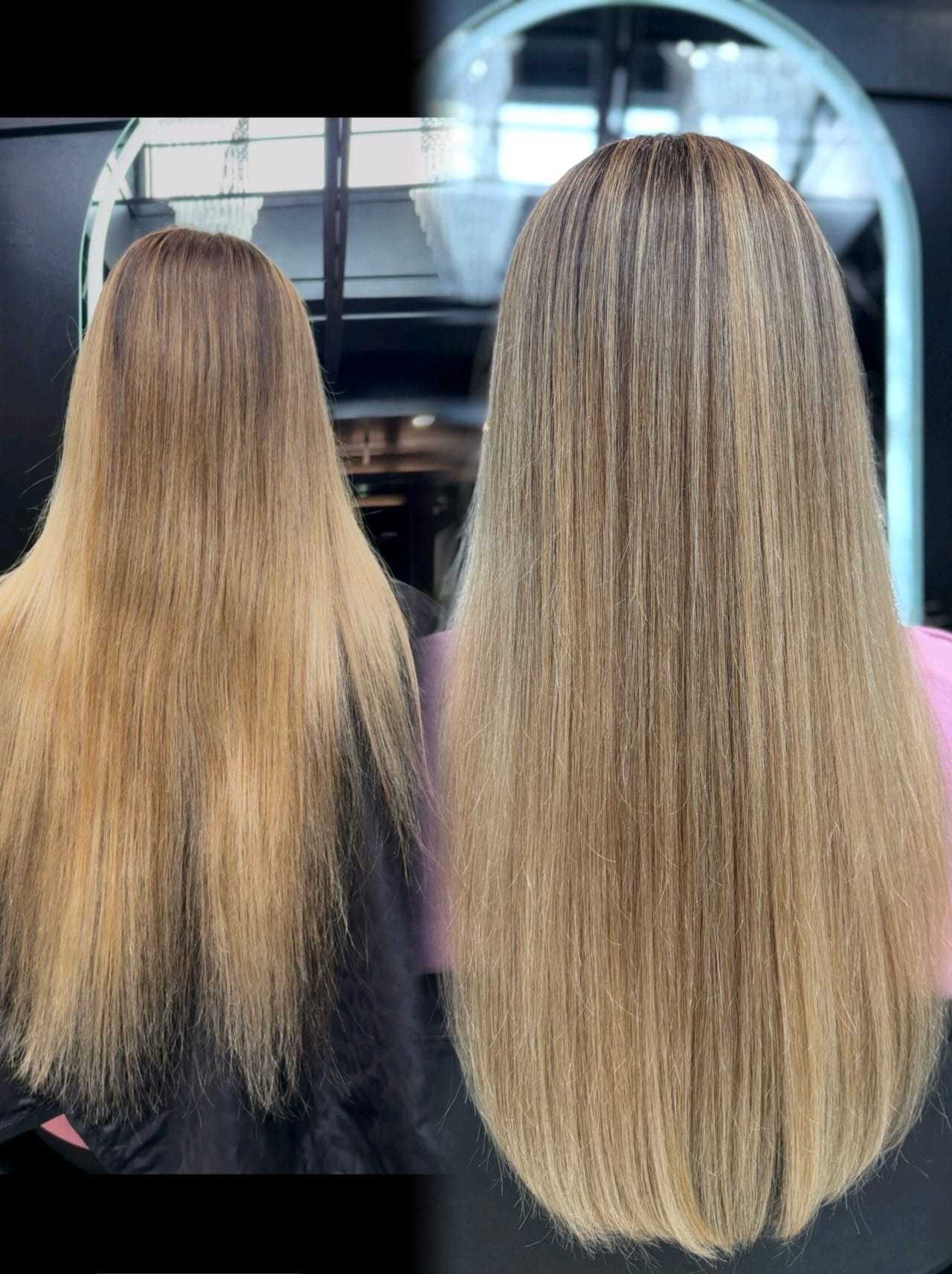 Two side-by-side images showing before and after hair treatment results.