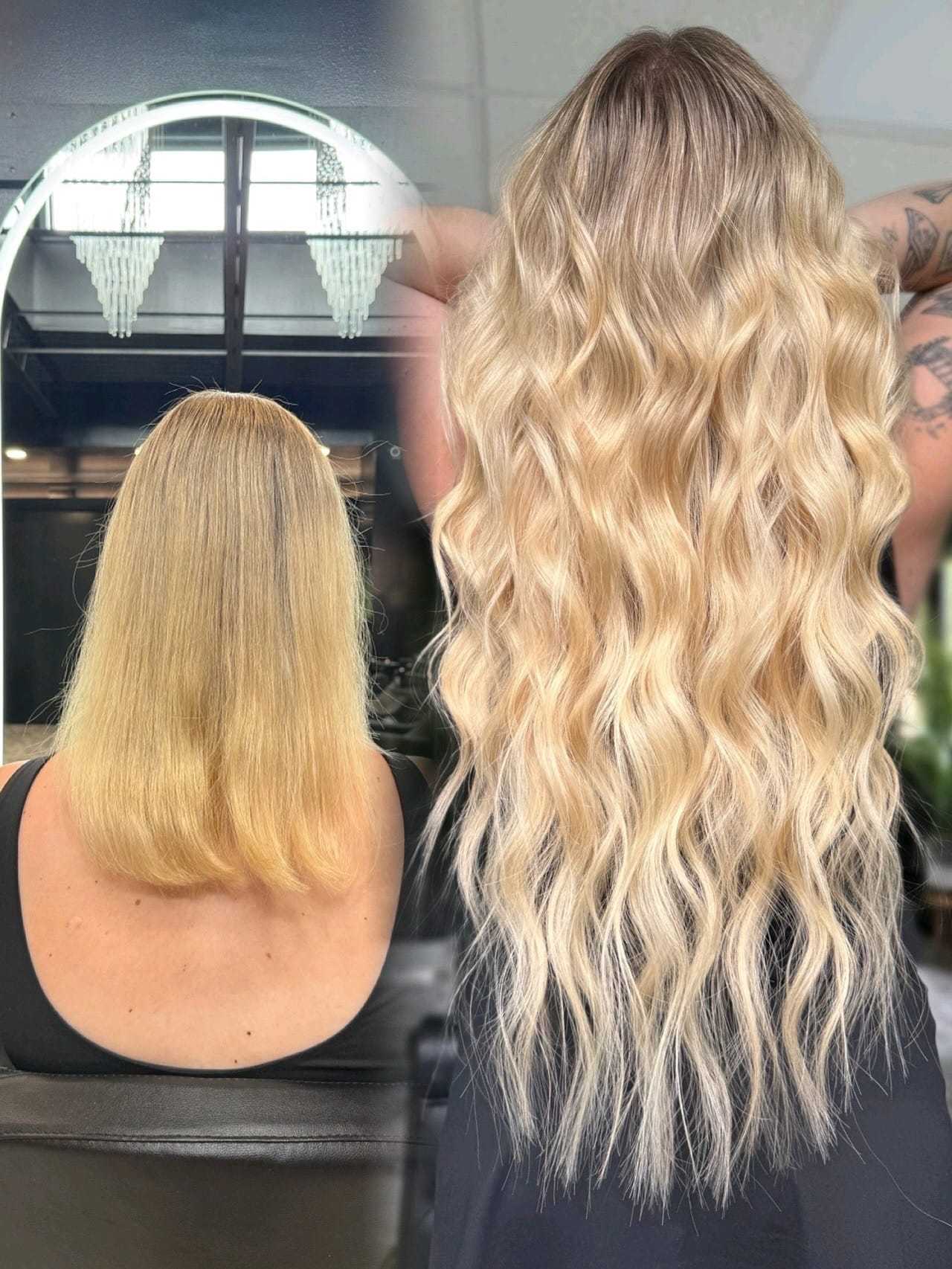 Before and after of blonde hair extension transformation, short to long wavy hairstyle.